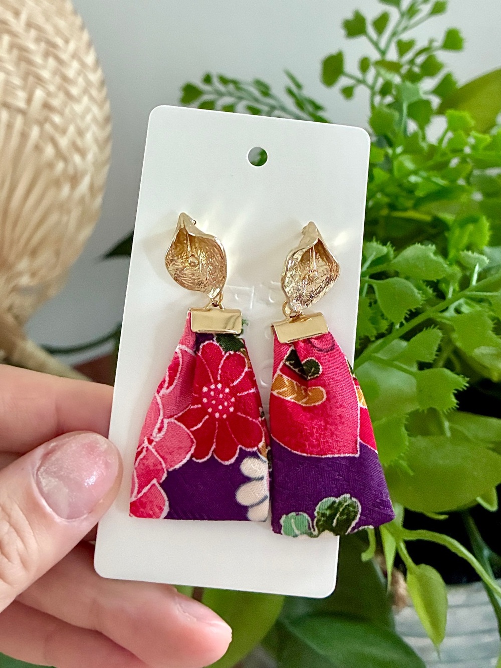 Gold Leaf & Floral Fabric Drop Earrings - Pink Purple